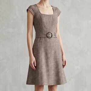 Women's Brown Tweed Dress Cap Sleeve Square Neck Ann Taylor Fit & Flare 0 Petite